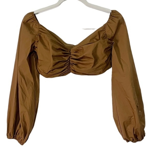 ZARA Woman Studio Brown Draped Crop Top Puff Sleeve - Picture 12 of 13